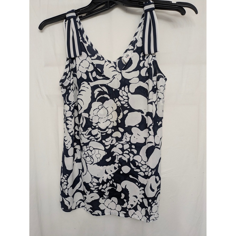 Cabi Navy Blue White Floral V-Neck Sleeveless Blouse Bow Shoulder Top 5731 M